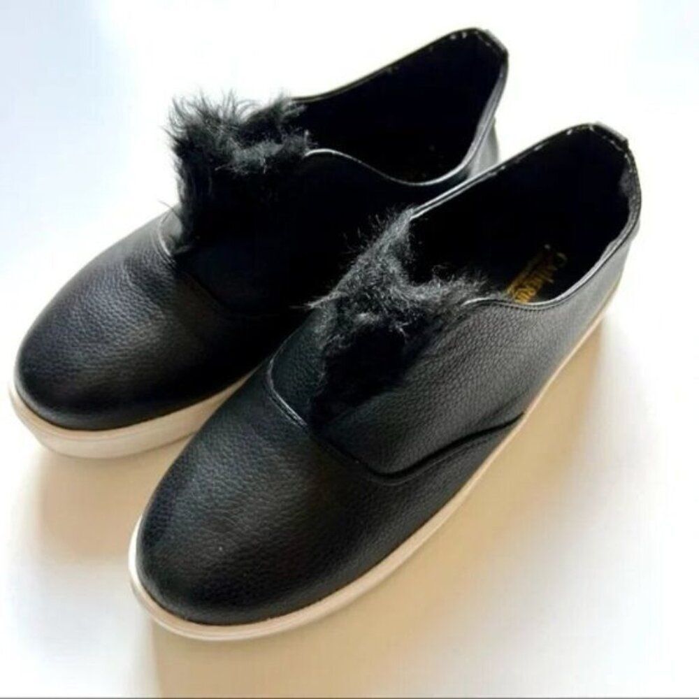 Catherine Malandrino Fur Tongue Black Platform Sneakers